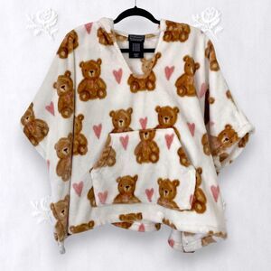 Throwzy Fuzzy Soft White Brown Pink Teddy Blanket Sweater Poncho One Size OS